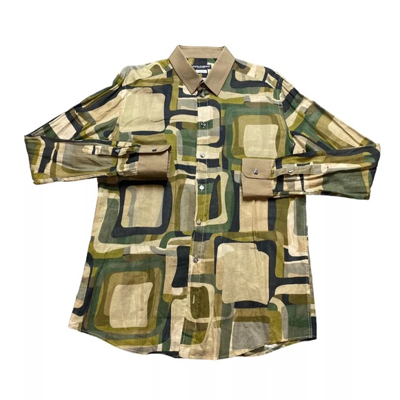 Dolce & Gabbana Green and Tan Casual Button Down Shirt